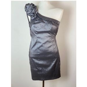 XSCAPE Petite Slate Single Shoulder Ruffle Mini